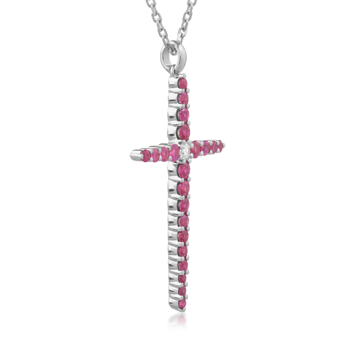 Lant cu pandantiv cruce din aur alb de 18K cu diamant de 0.09ct si rubine de 1.08ct