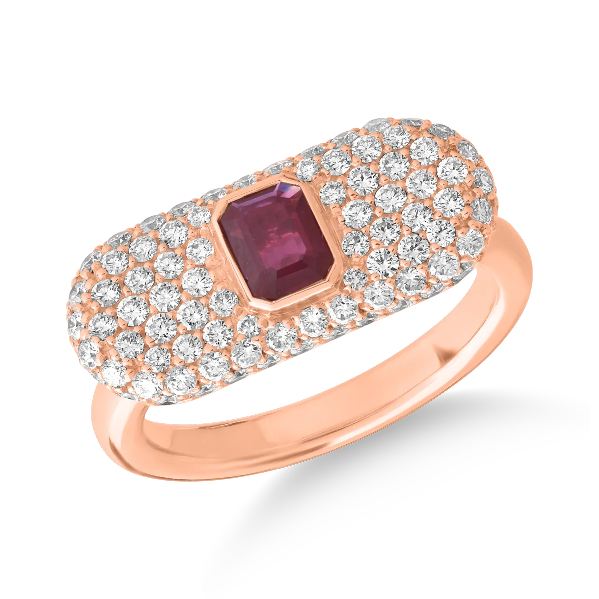 Inel din aur roz cu rubin rectangular de 0.4ct si diamante de 0.9ct