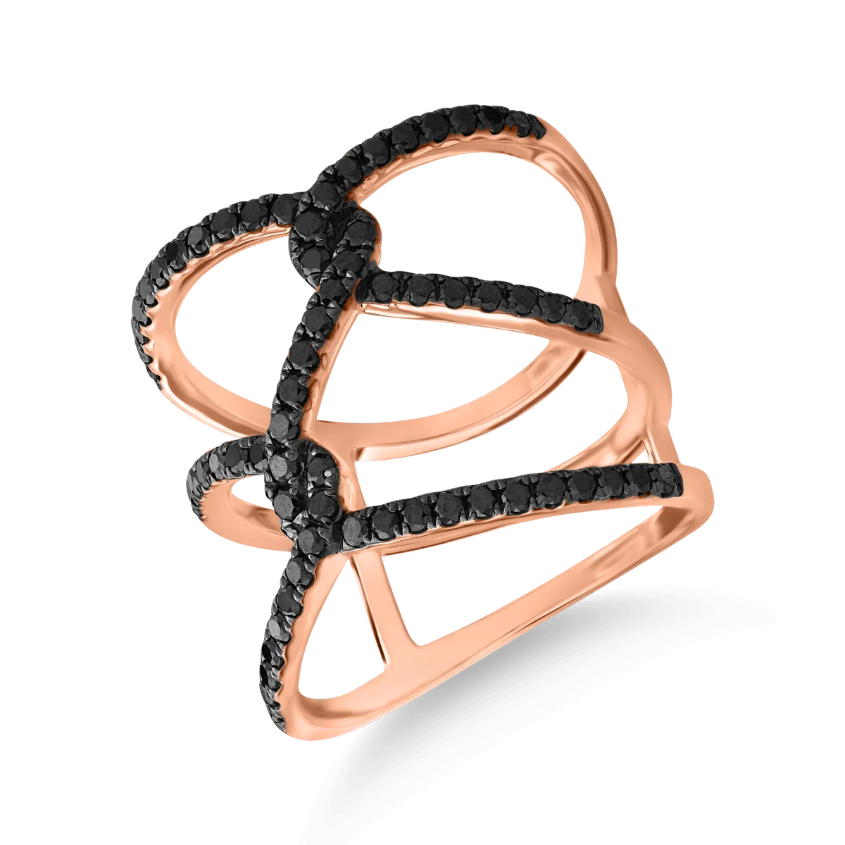Inel geometric din aur roz cu diamante negre microsetting de 0.7ct