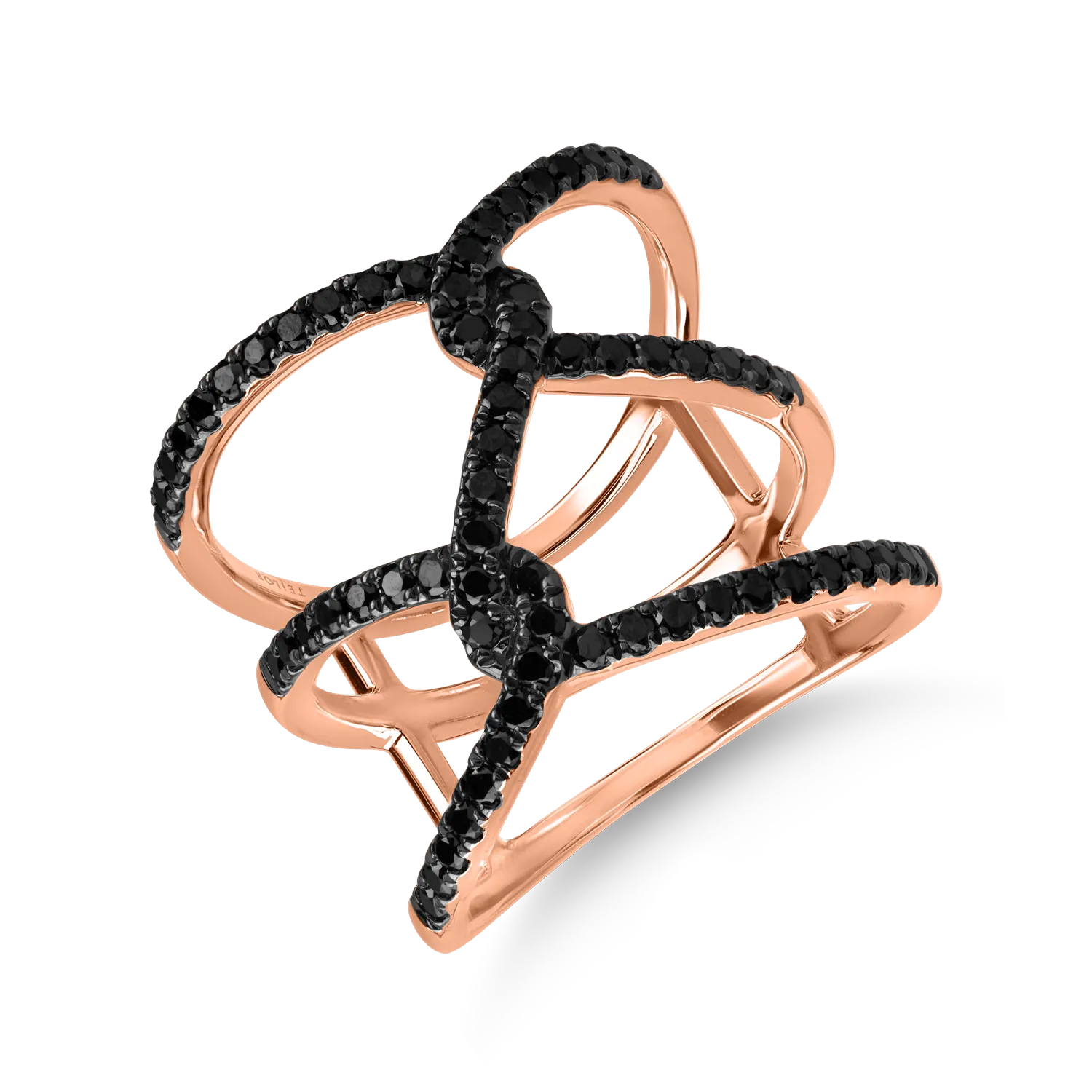 Inel geometric din aur roz cu diamante negre microsetting de 0.7ct