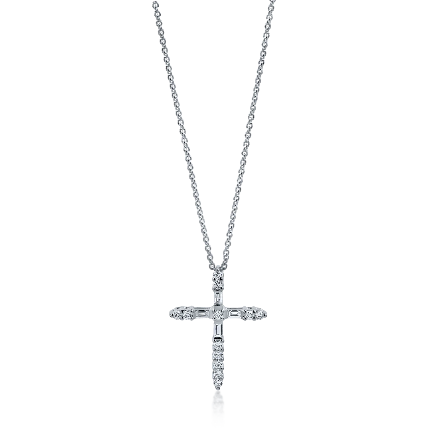 Lant cu pandantiv cruce din aur alb cu diamante baguette si rotunde de 0.3ct