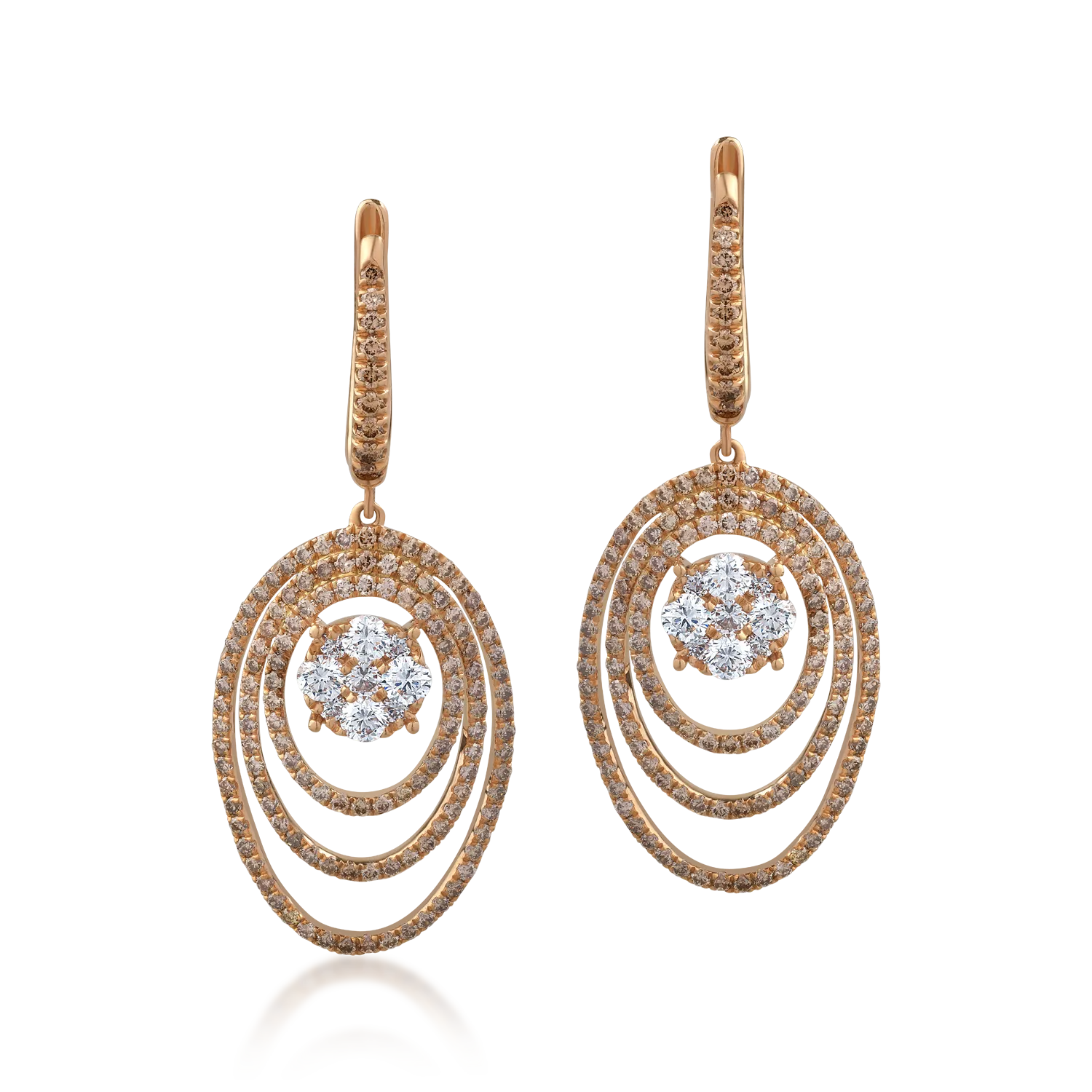 18K rose gold earrings with 0.88ct clear diamonds and 1.45ct brown diamonds
