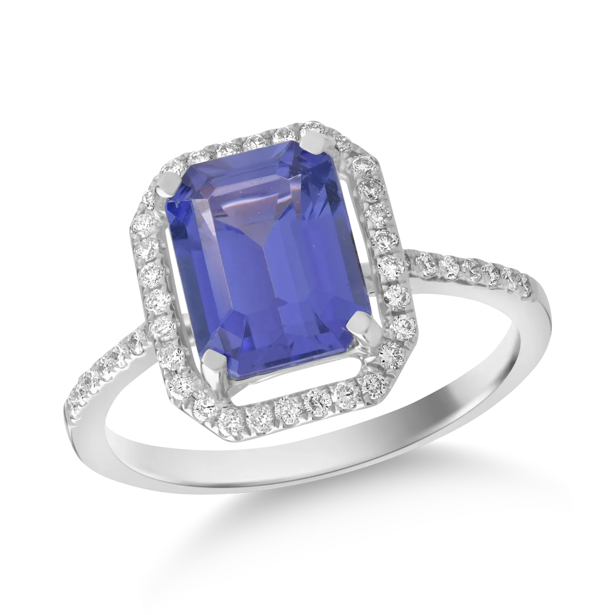 Inel din aur alb cu tanzanit octogonal de 2.06ct si diamante de 0.2ct