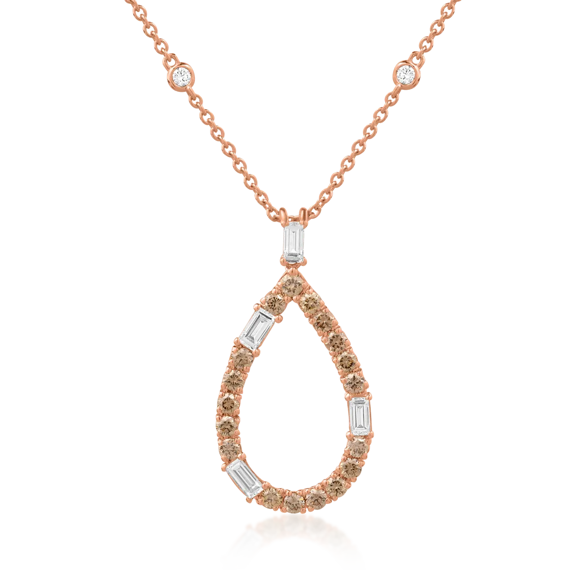 Lant cu pandantiv din aur roz cu diamante maro si diamante incolore baguette si rotunde de 1.41ct