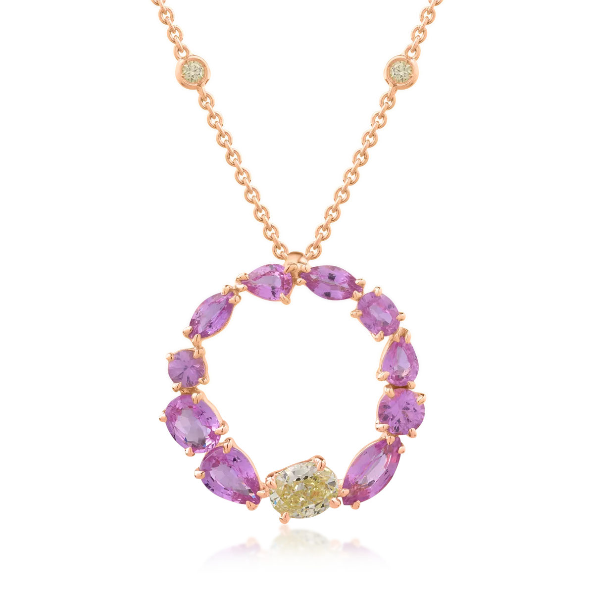 Lant cu pandantiv din aur roz cu safire roz marquise de 2.97ct si diamante galbene ovale si rotunde de 0.82ct