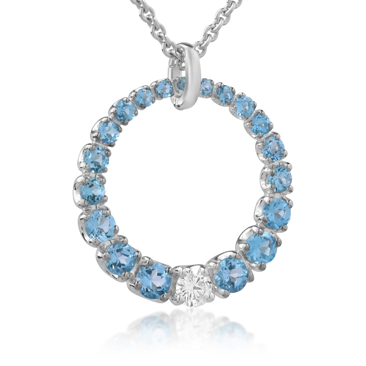 Lant cu pandantiv din aur alb de 18K cu diamant de 0.59ct si topaze albastre de 4.92ct