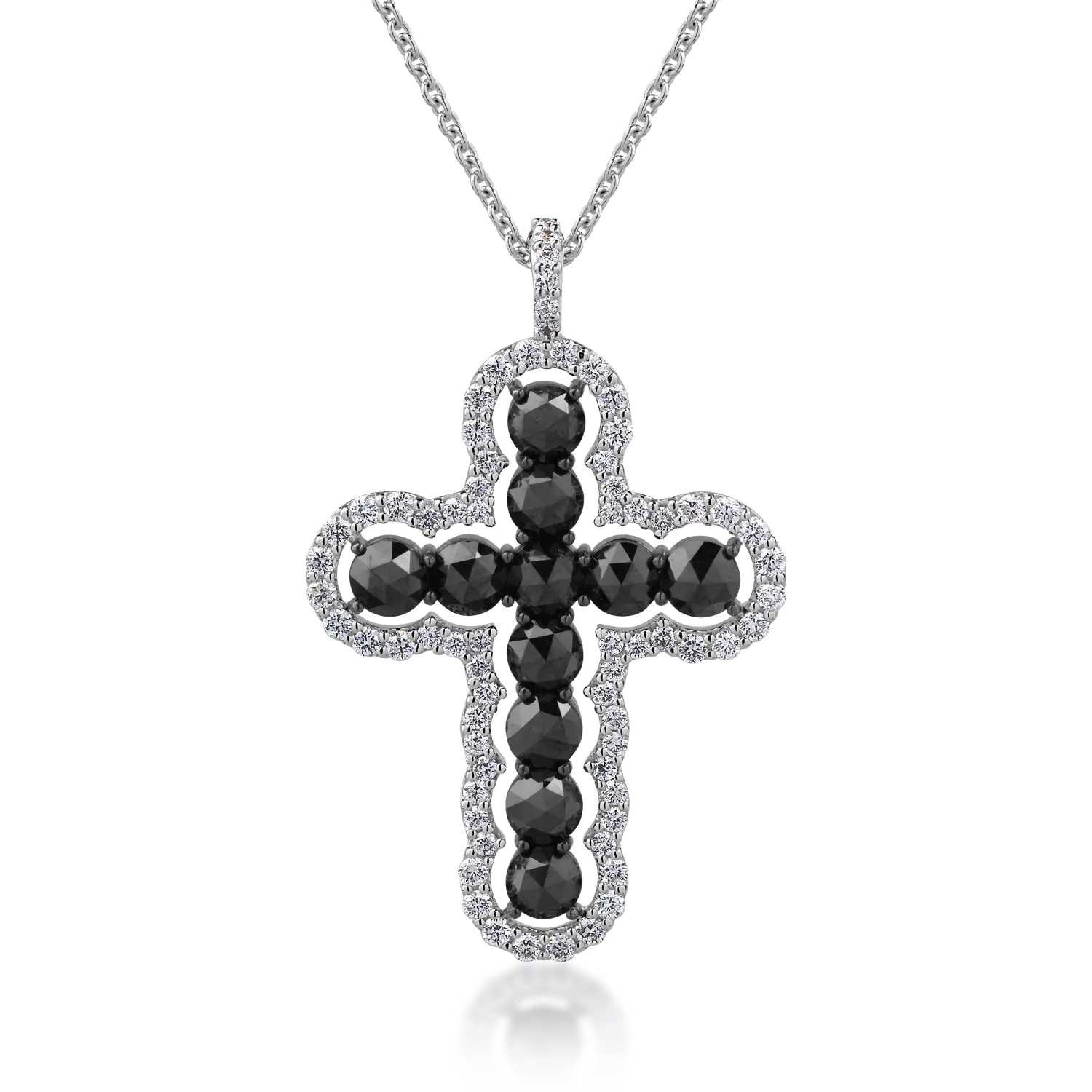 Lant cu pandantiv cruce din aur alb de 18K cu diamante negre de 1.9ct si diamante transparente de 0.5ct-126713