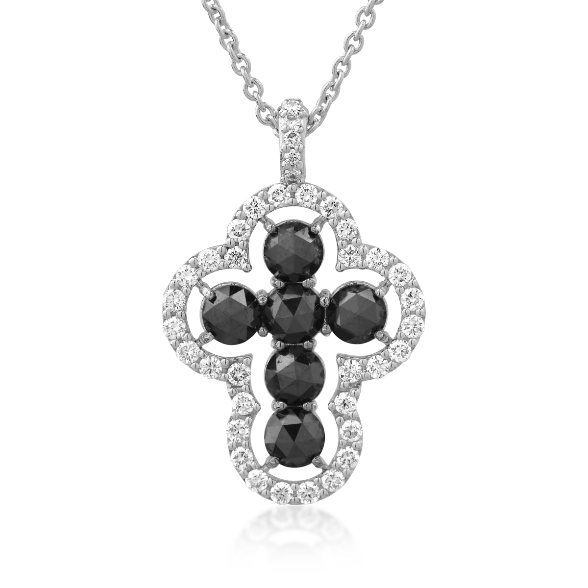 18K white gold cross pendant necklace with 0.88 black diamonds and 0.33ct clear diamonds