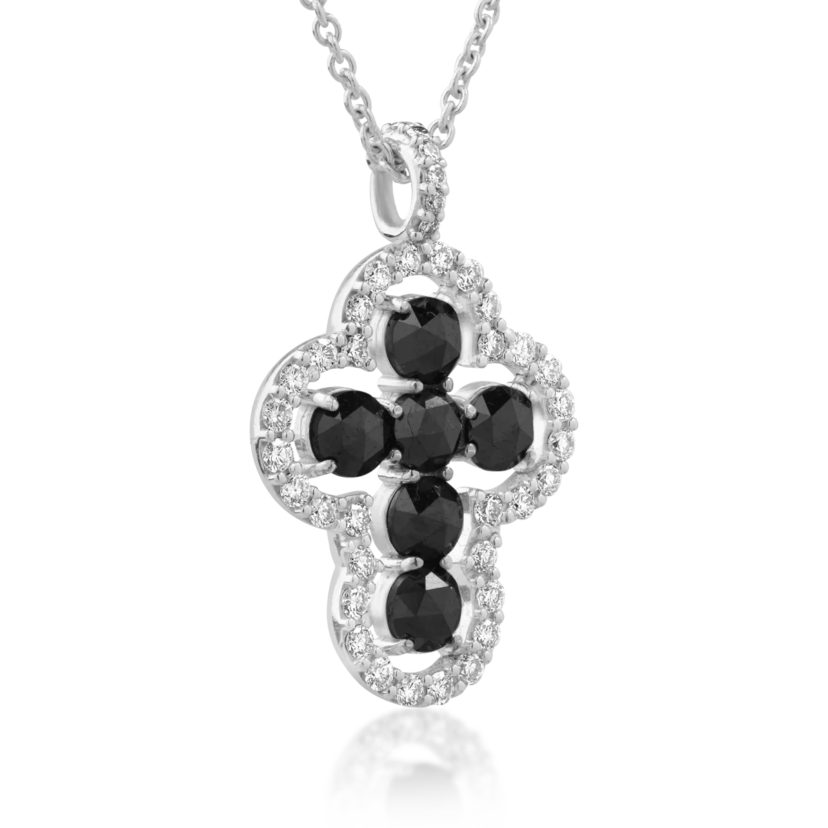 18K white gold cross pendant necklace with 0.88 black diamonds and 0.33ct clear diamonds