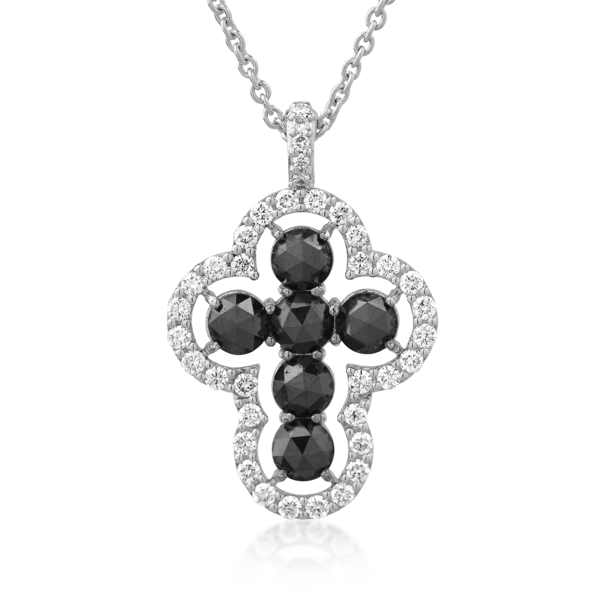 Lant cu pandantiv cruciulita din aur alb cu diamante negre taietura rose de 0.88 si diamante incolore de 0.33ct