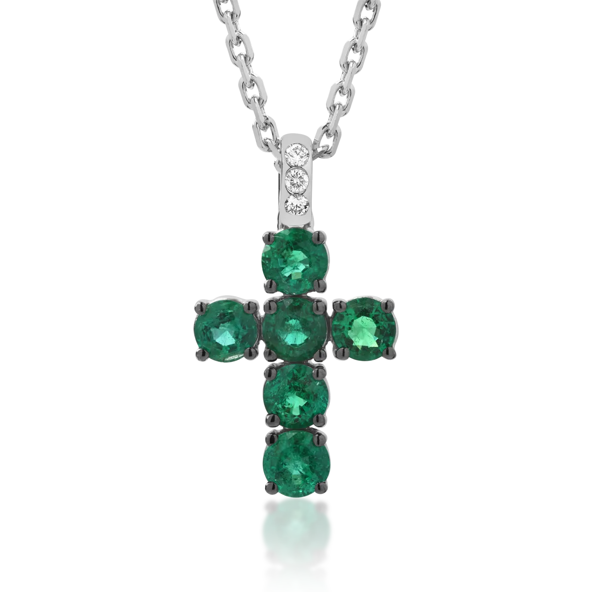18K white gold cross pendant necklace with 1.52ct emeralds and 0.06ct diamonds