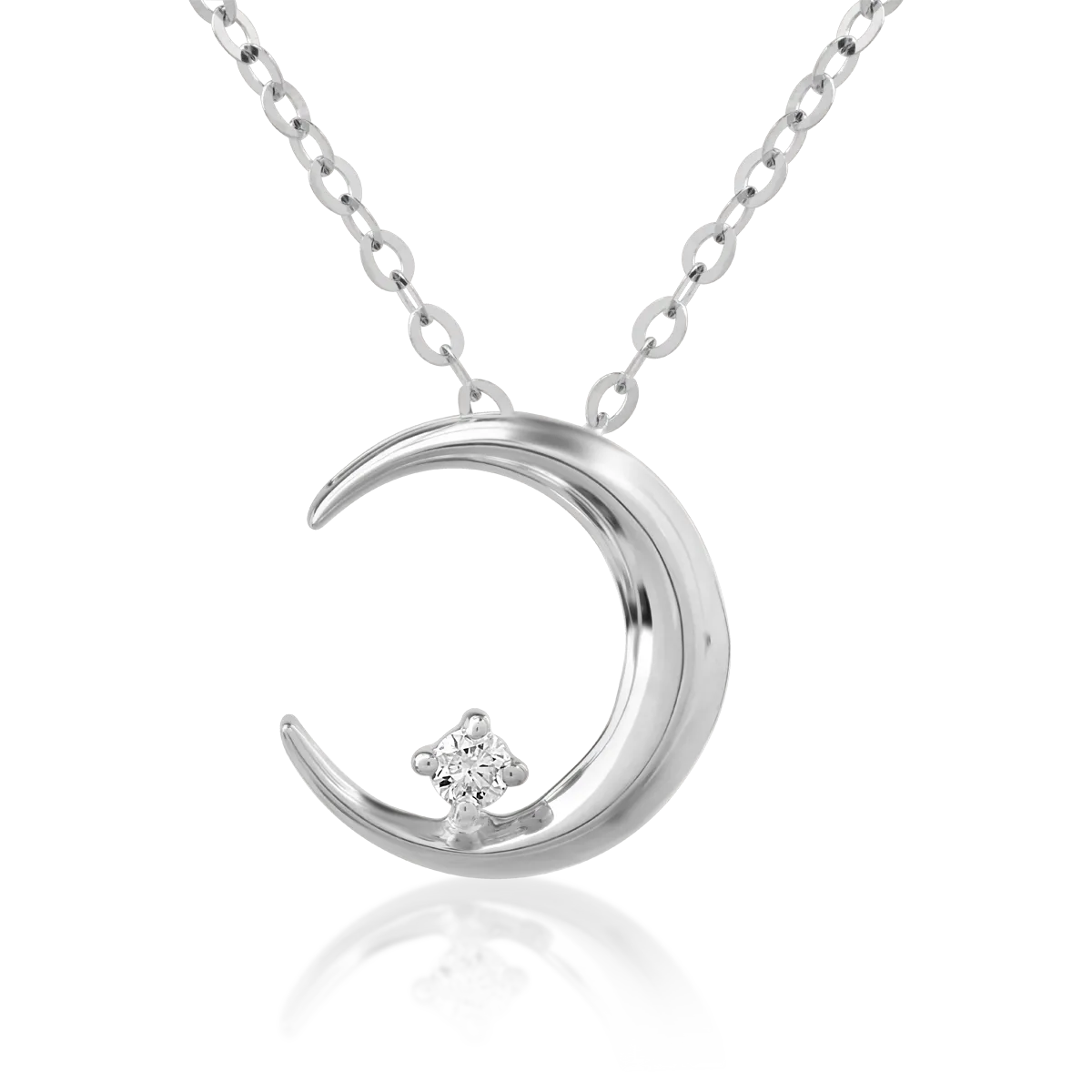Lant cu pandantiv semiluna din aur alb de 18K cu diamant de 0.016ct