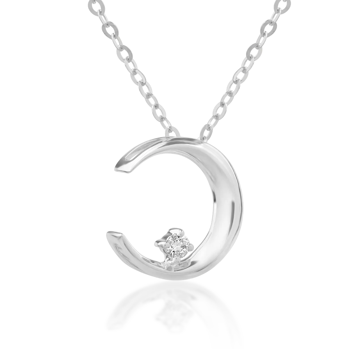Lant cu pandantiv semiluna din aur alb de 18K cu diamant de 0.016ct