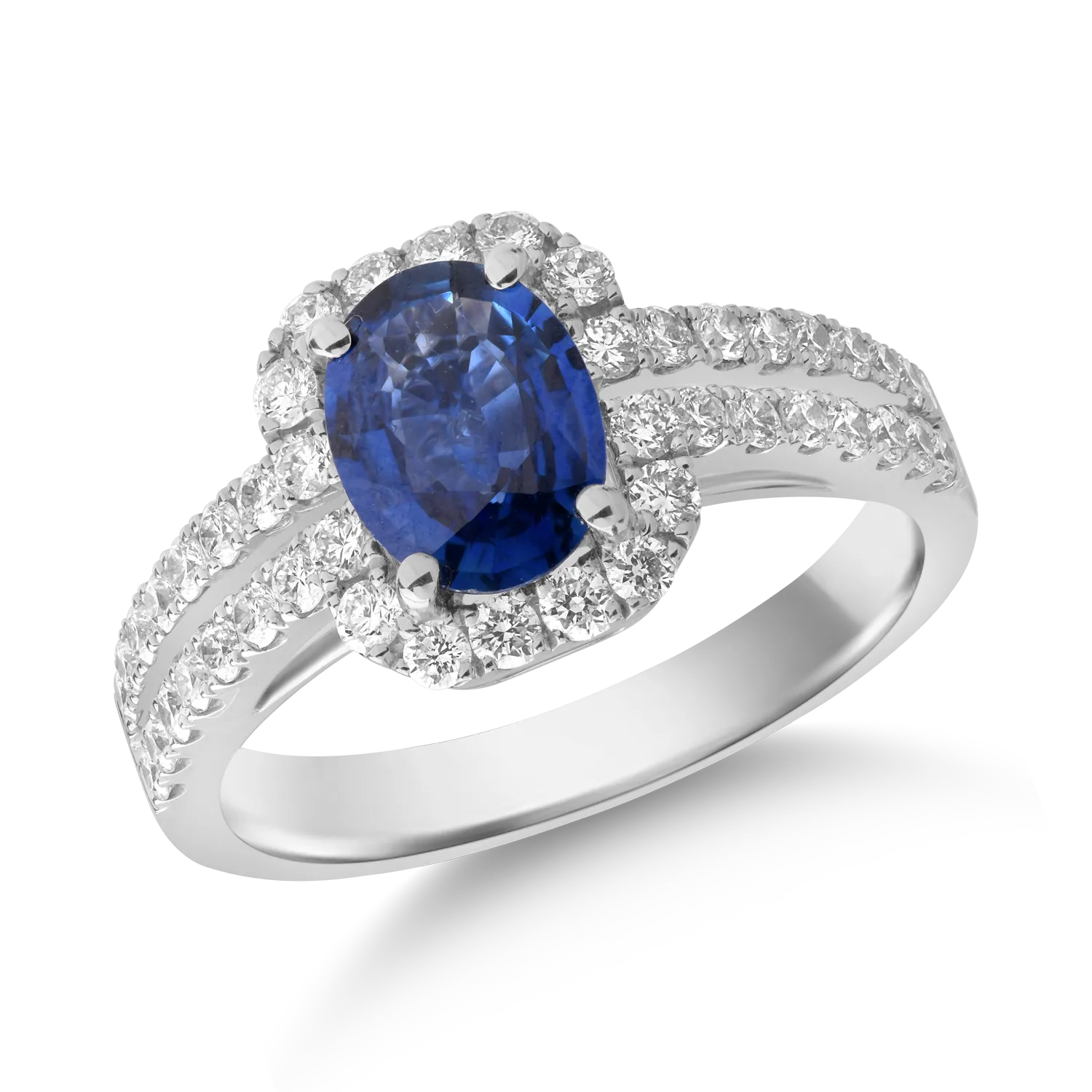 Inel din aur alb cu safir oval de 1.24ct si diamante de 0.64ct