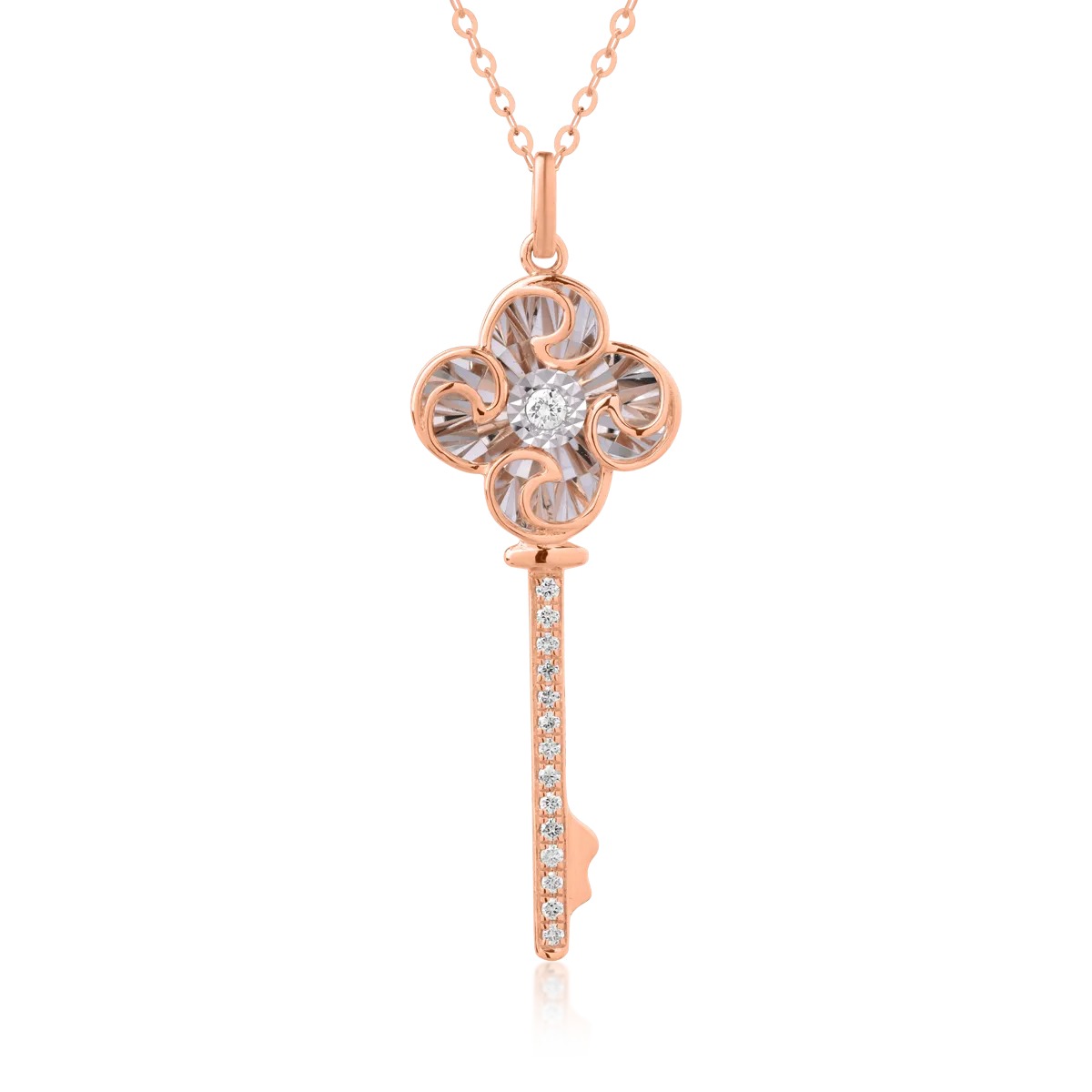Lant cu pandantiv cheie din aur roz de 18K cu diamant de 0.017ct si diamante de 0.047ct