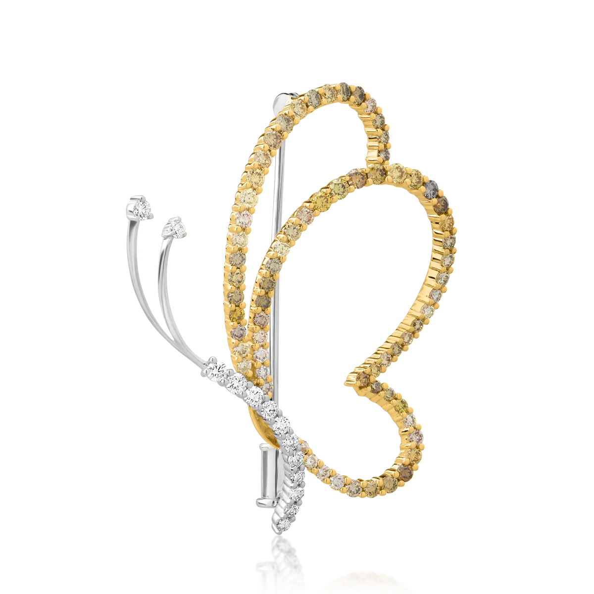 Brosa fluture din aur alb-galben cu fancy diamonds de 1.54ct si diamante de 0.31ct