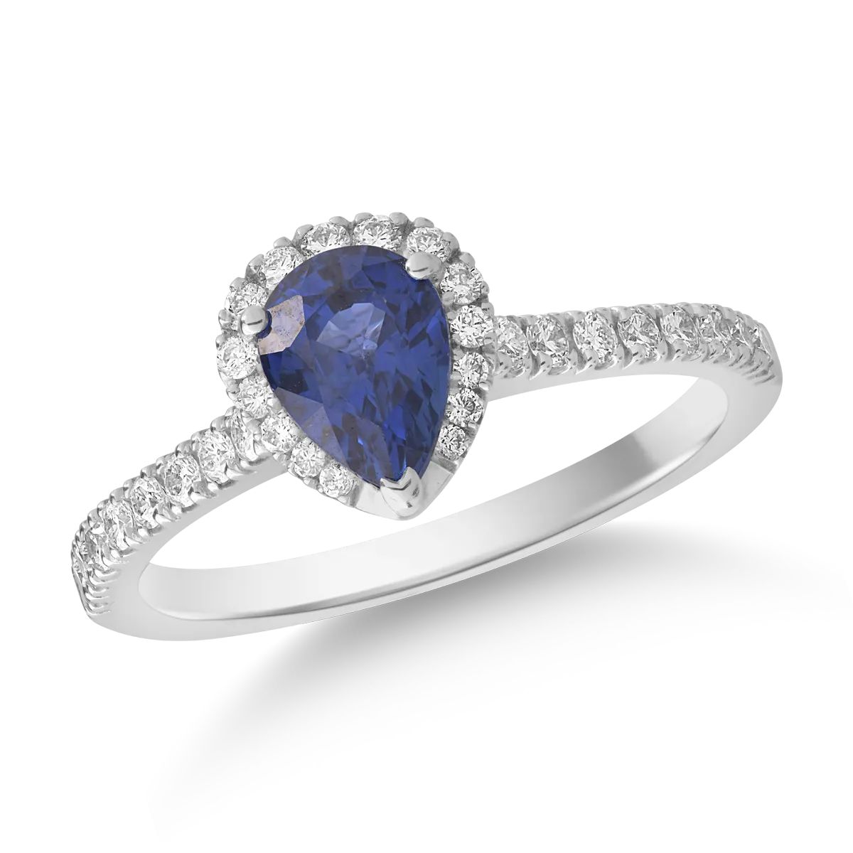 18k fehér arany gyűrű, amely az 1.07ct-es zafír és a 0.3ct gyémántok