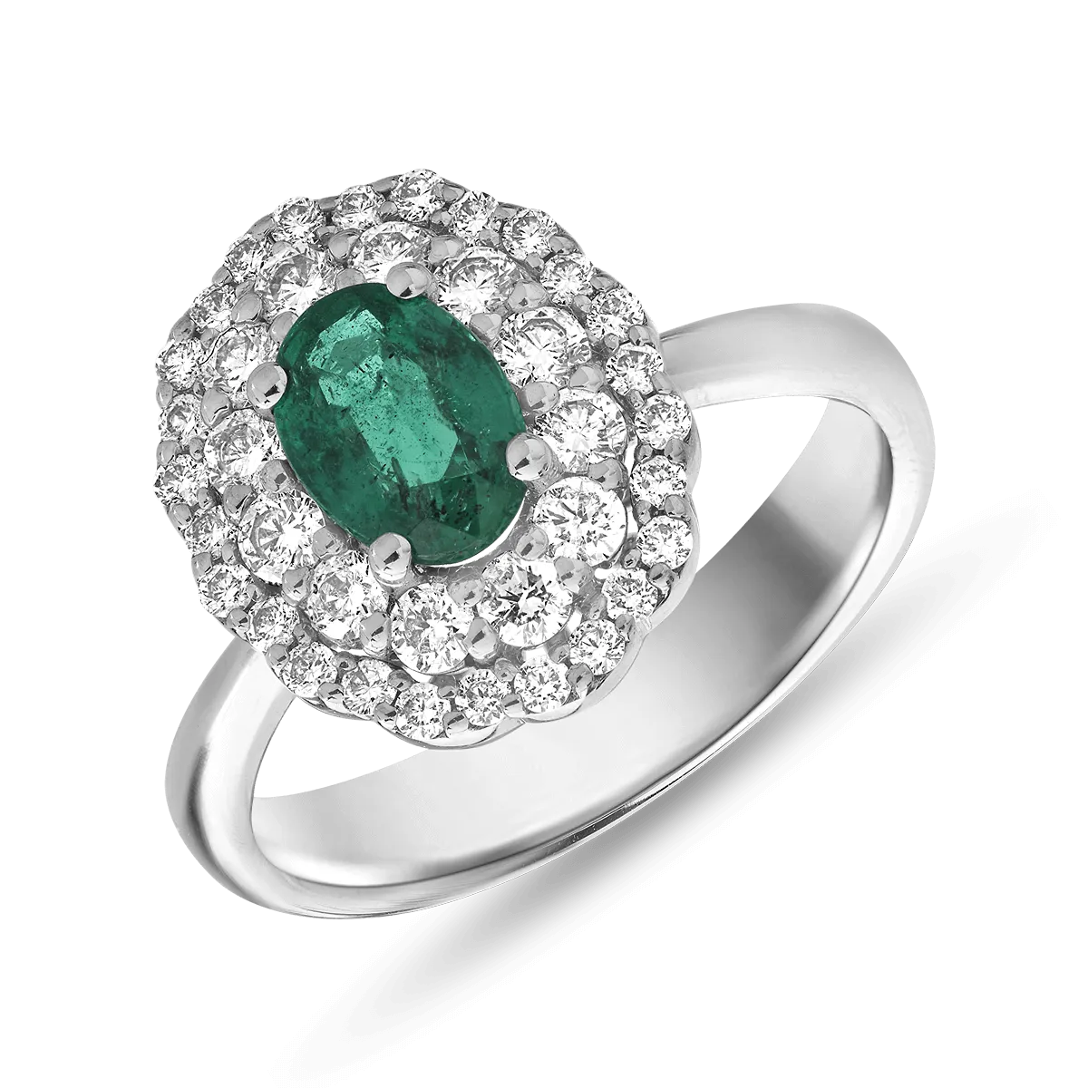 Inel din aur alb cu smarald oval de 0.7ct si diamante de 0.5ct