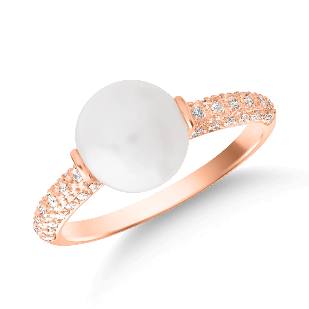 Inel din aur roz de 14K cu perla de cultura de 3.713ct si diamante de 0.15ct