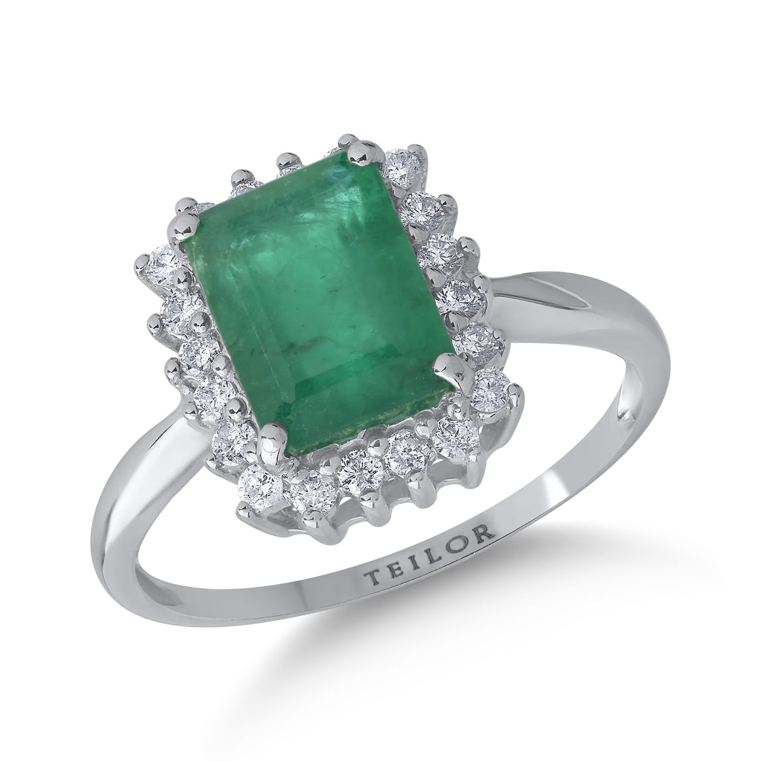 Пръстен от 18K бяло злато с 1.5ct изумруд и 0.19ct диаманти