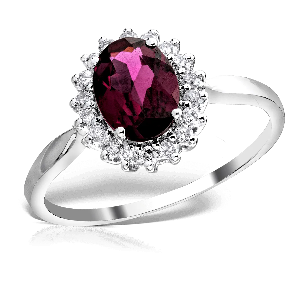 14K white gold ring with 1.23ct rhodolite and 0.21ct diamonds