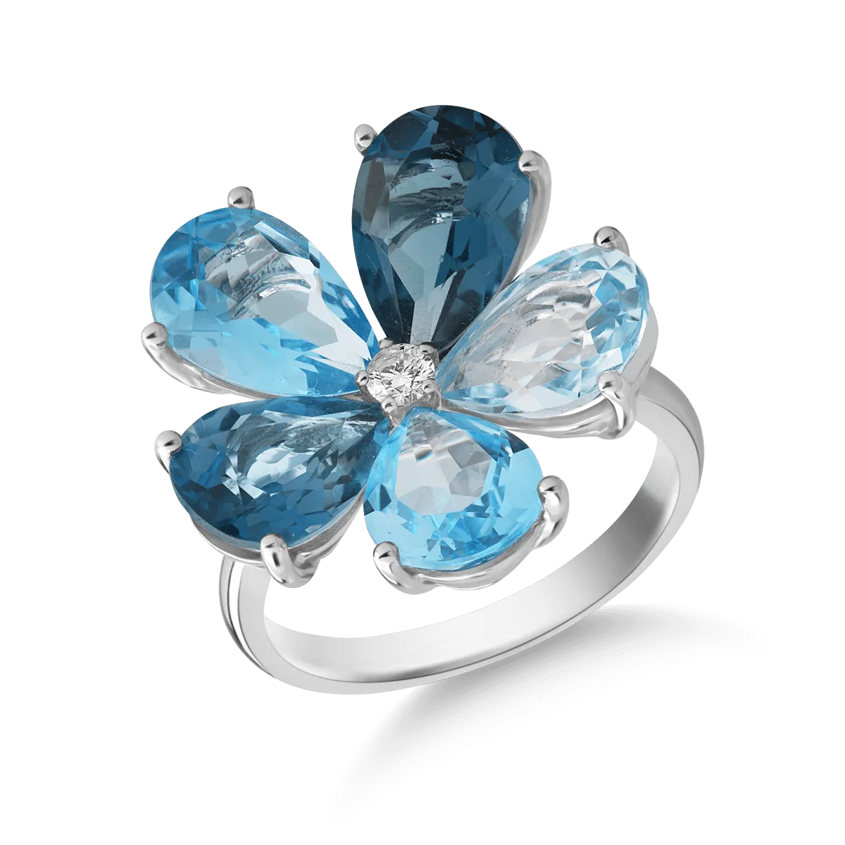 14K white gold flower ring with 11.9ct topaz and 0.08ct diamond
