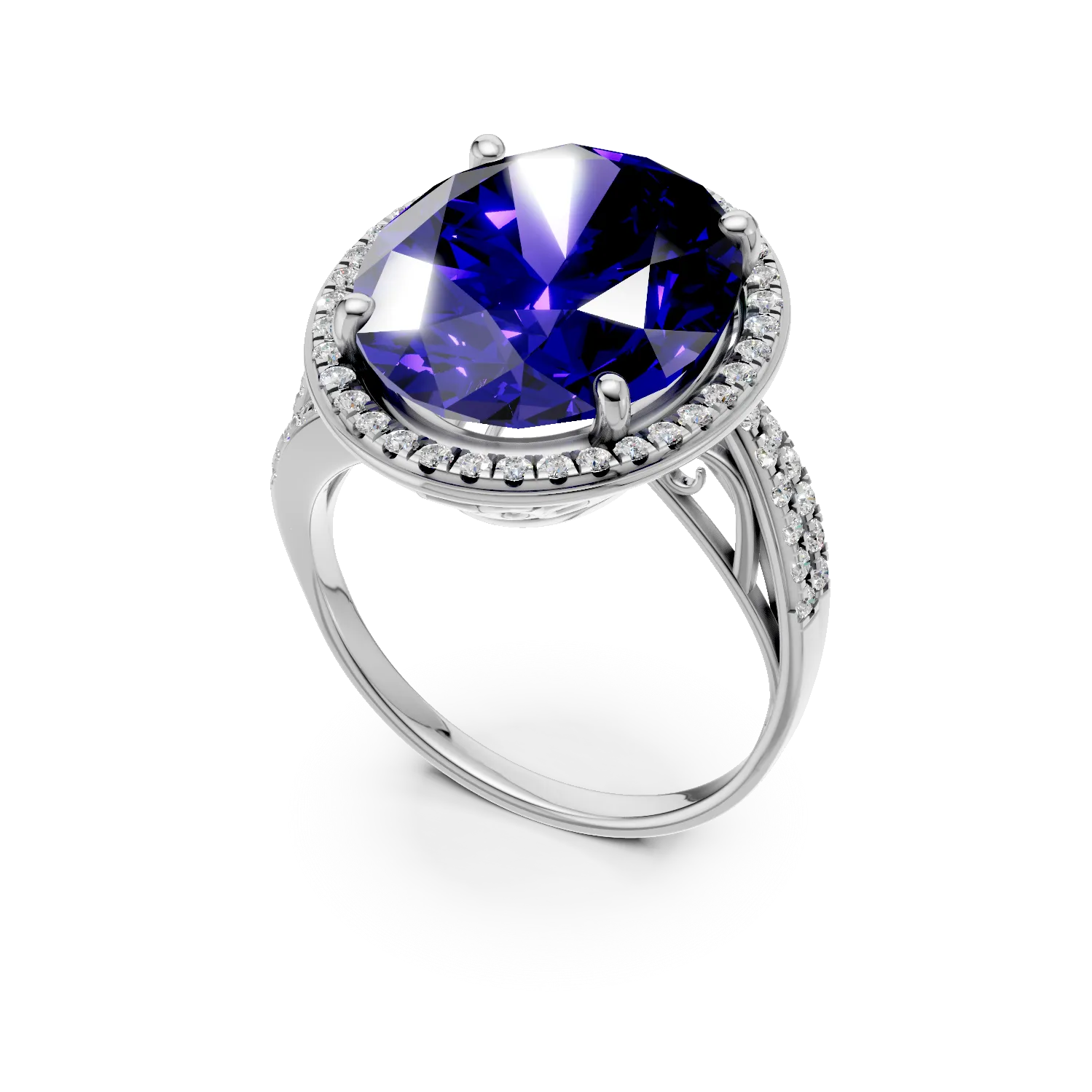 Inel din aur alb cu tanzanit oval de 12.3ct si diamante de 0.4ct