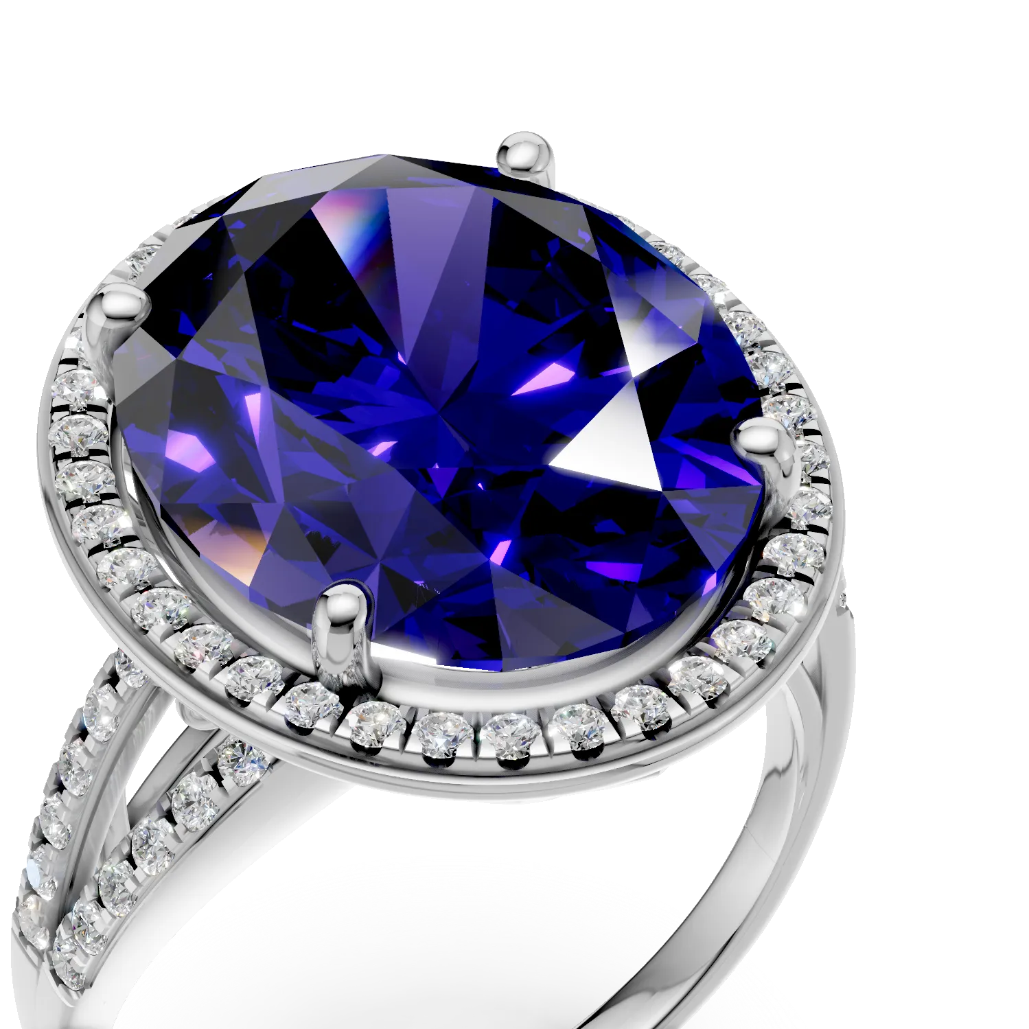Inel din aur alb cu tanzanit oval de 12.3ct si diamante de 0.4ct