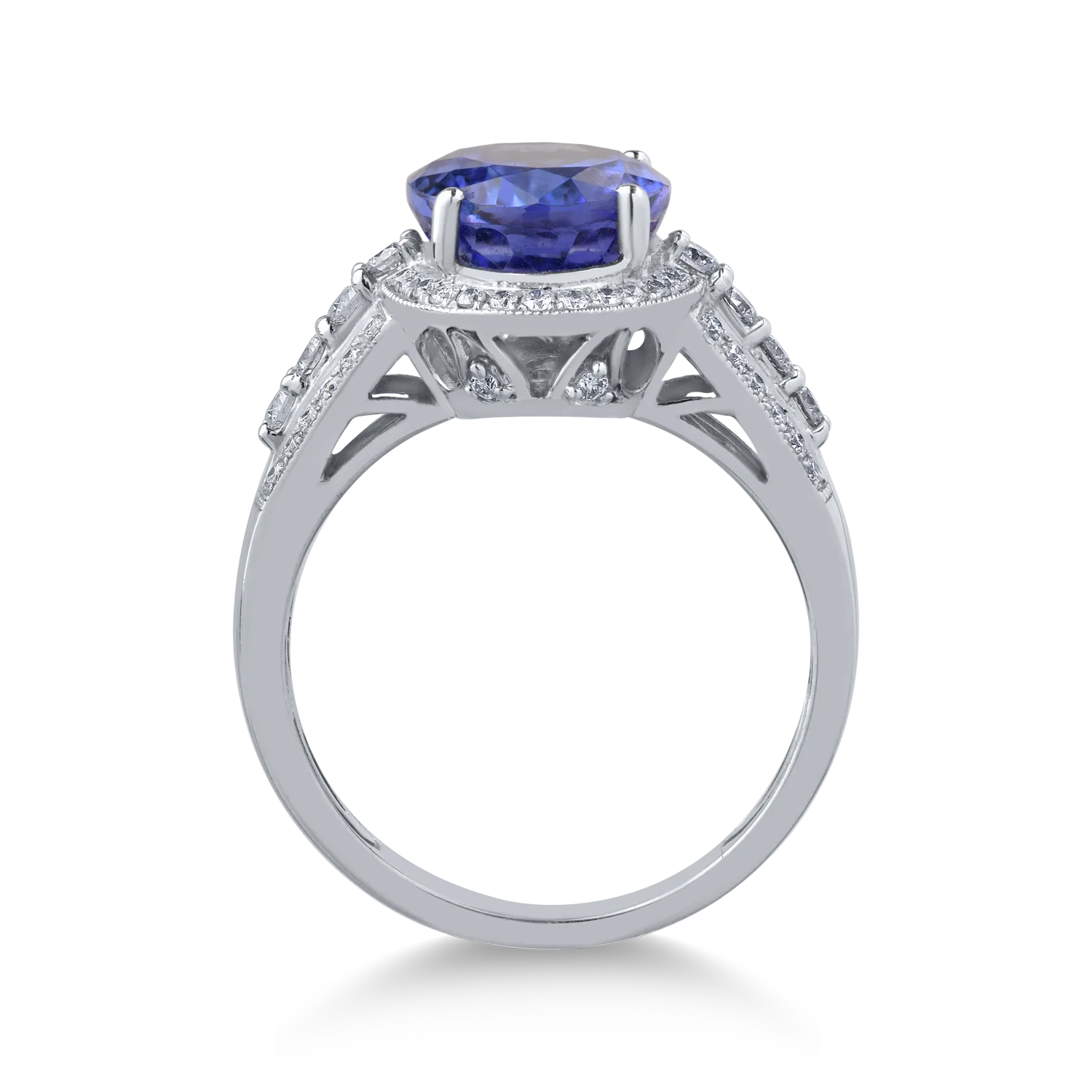 Inel din aur alb cu tanzanit oval de 4.13ct si diamante de 0.419ct