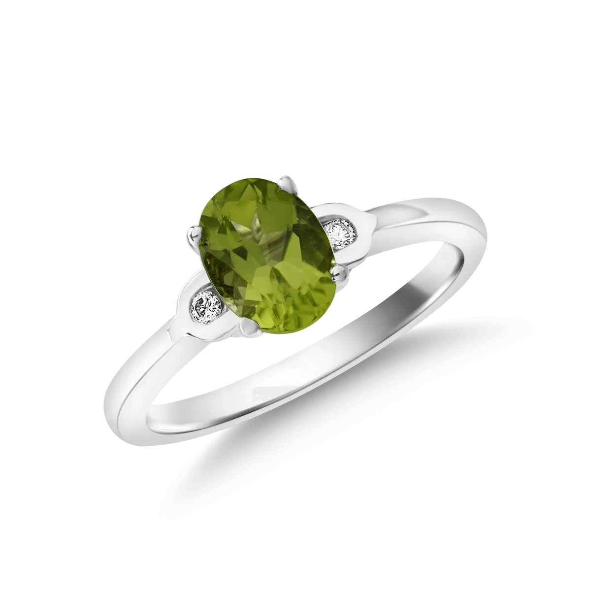 14 k fehér arany gyûrû, amely peridot 1,45ct és gyémánt 0,04ct