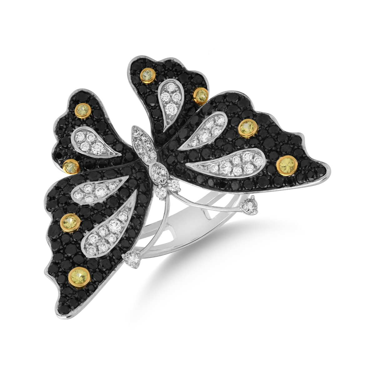 18K white gold butterfly ring with 2.63ct diamonds and 0.24ct yellow sapphires