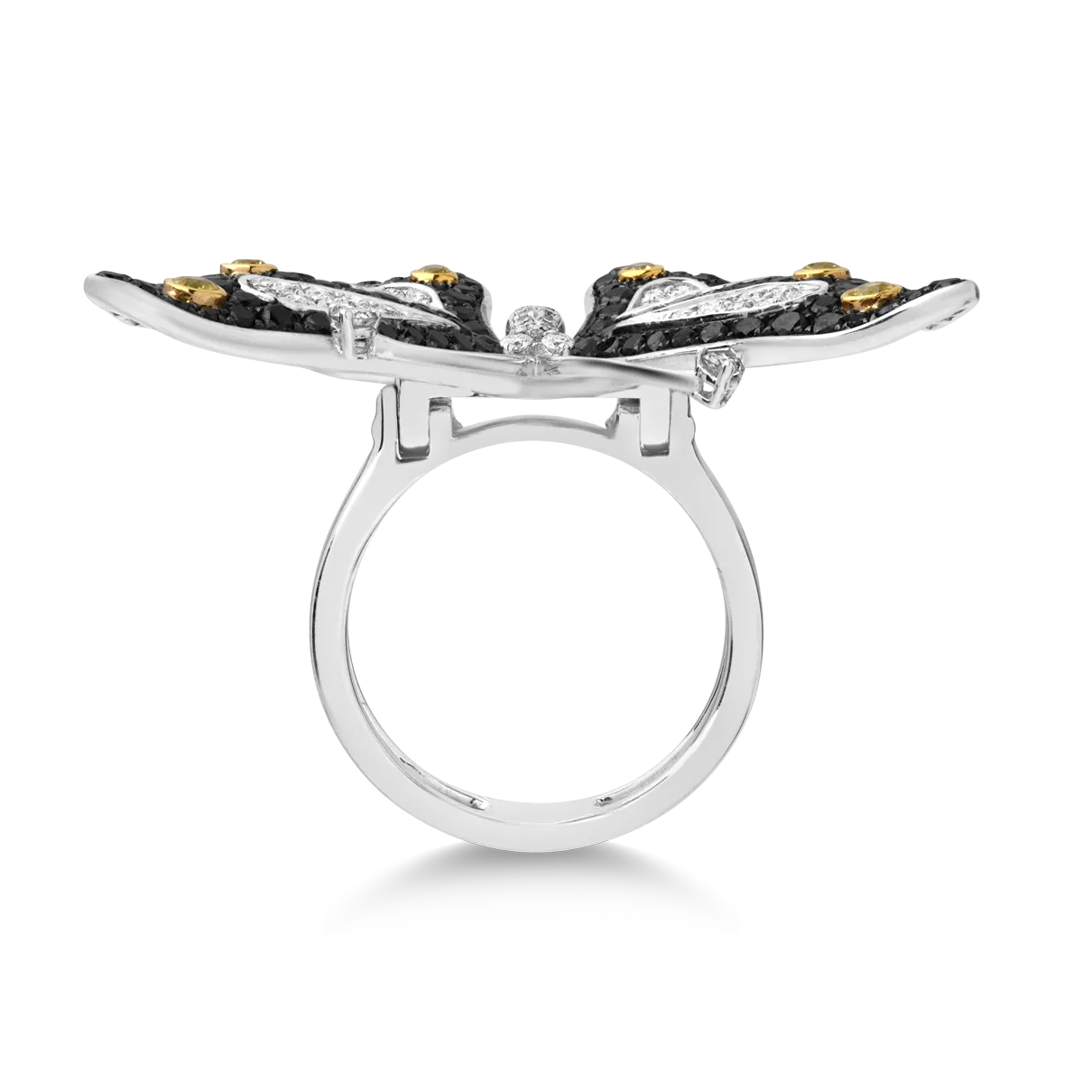 18K white gold butterfly ring with 2.63ct diamonds and 0.24ct yellow sapphires