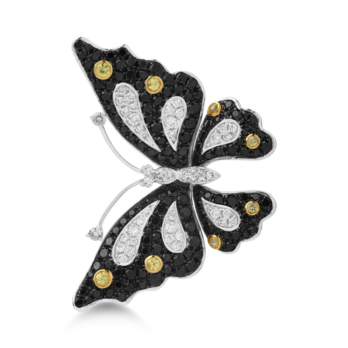 18K white gold butterfly ring with 2.63ct diamonds and 0.24ct yellow sapphires