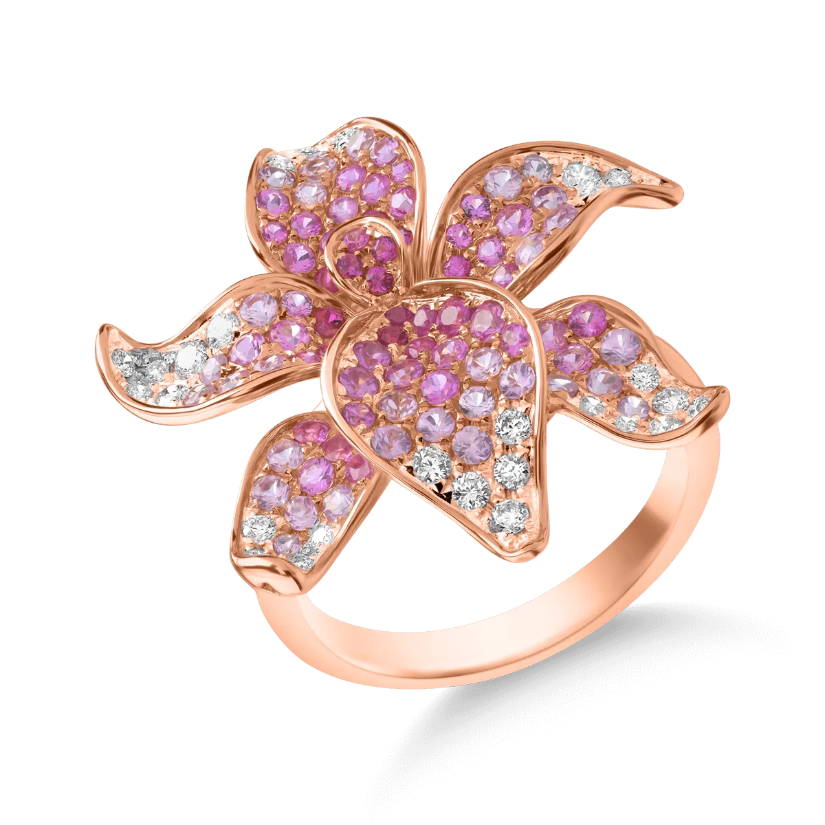 18K rózsaarany virággyűrű 1,63ct drágakövekkel