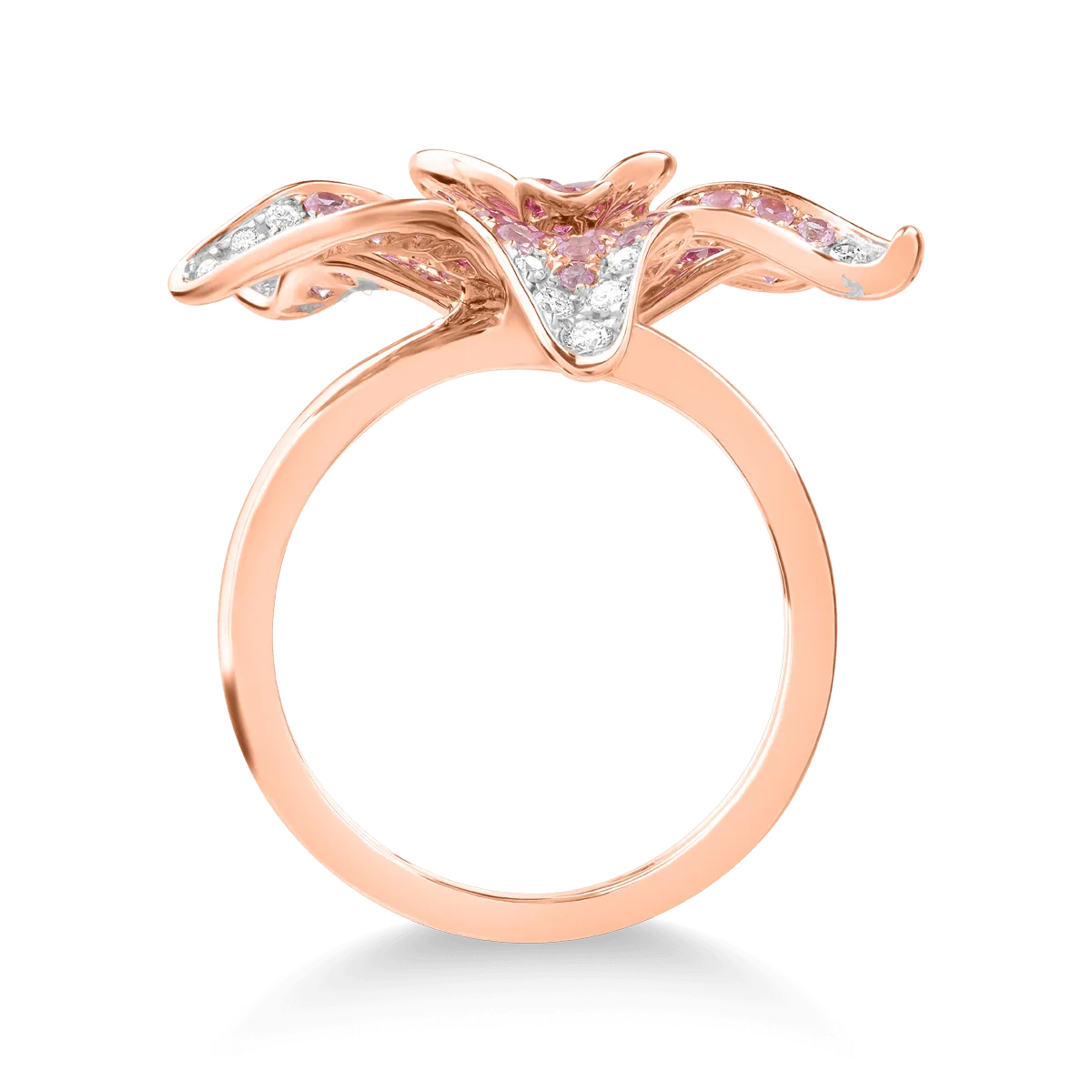18K rózsaarany virággyűrű 1,63ct drágakövekkel