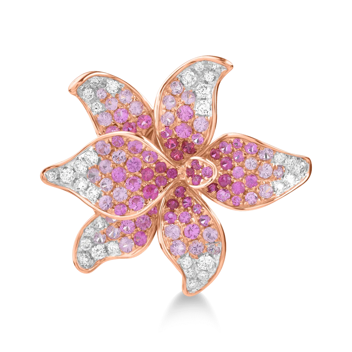 18K rózsaarany virággyűrű 1,63ct drágakövekkel