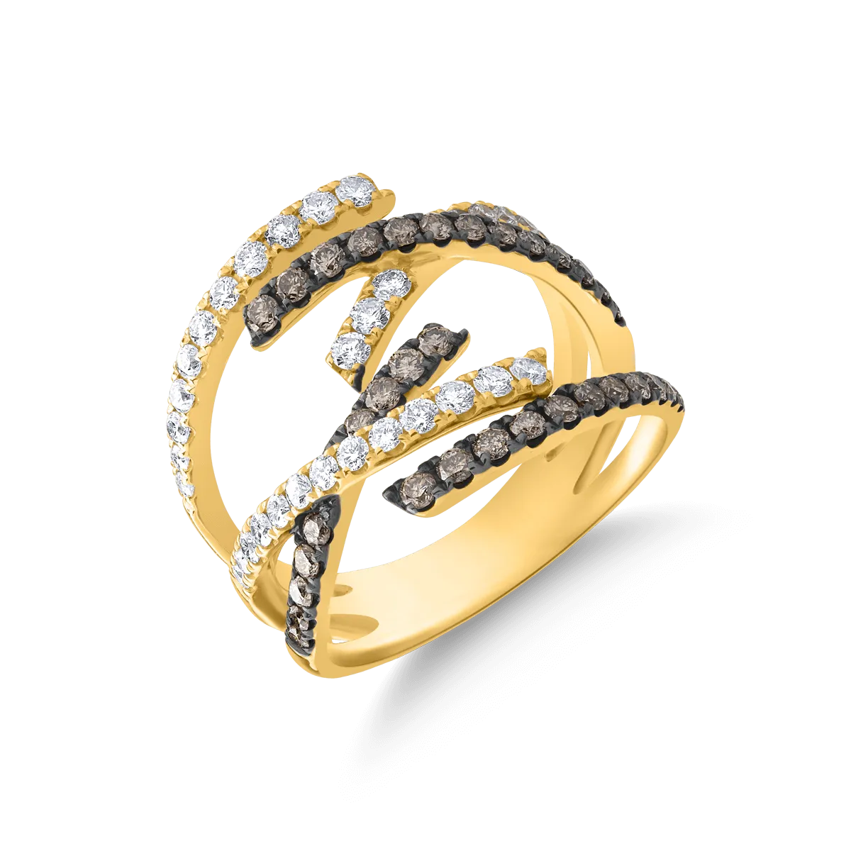 Inel din aur galben de 14K cu diamante maro de 0.64ct si diamante transparente de 0.62ct
