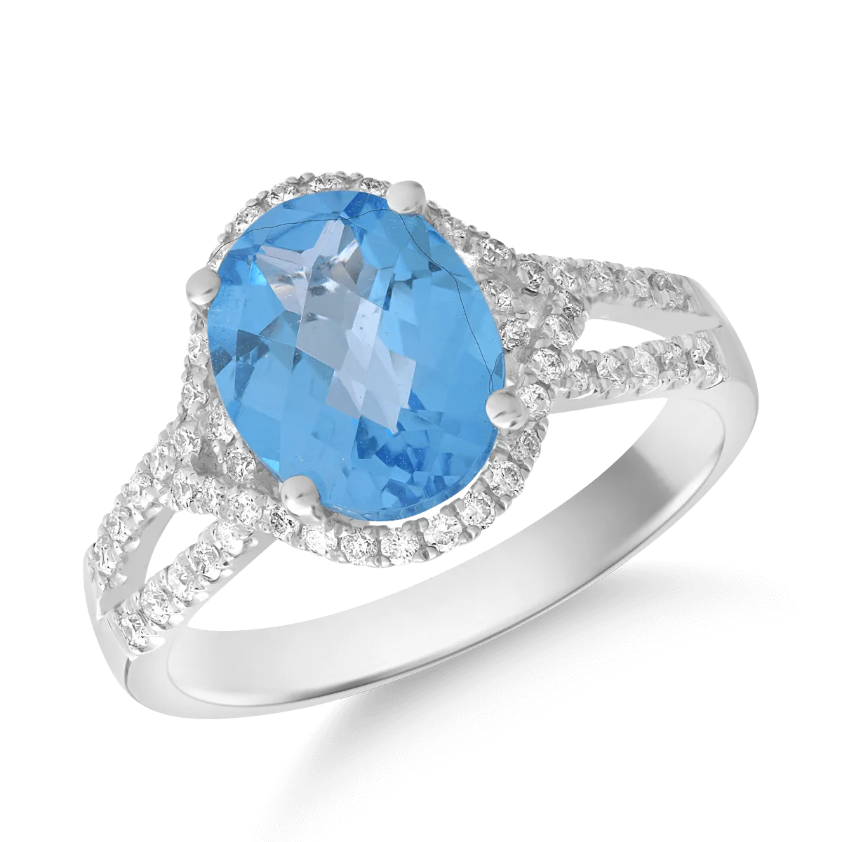 Inel din aur alb de 18K cu topaz albastru de 3.5ct si diamante de 0.37ct