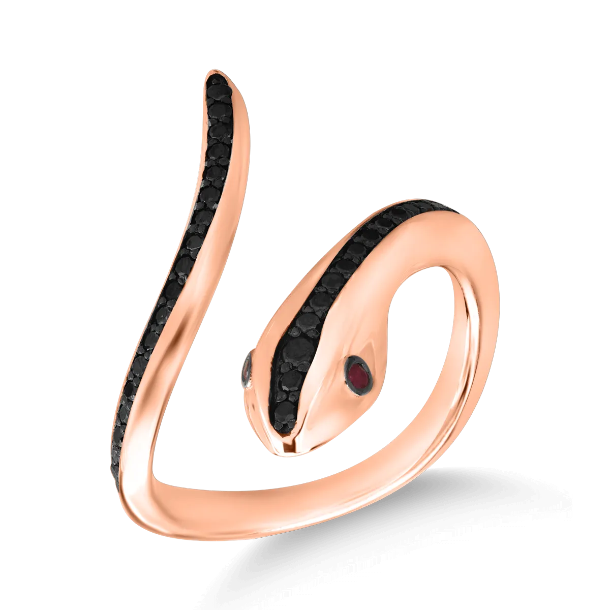 18K rose gold snake ring with black diamonds of 0.35ct and rubies of 0.04ct