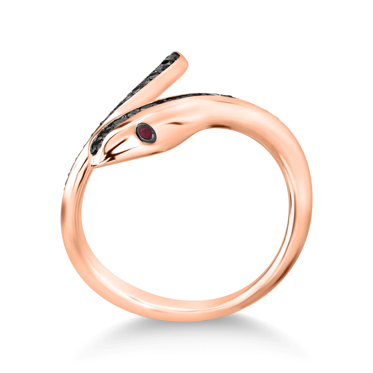 18K rose gold snake ring with black diamonds of 0.35ct and rubies of 0.04ct