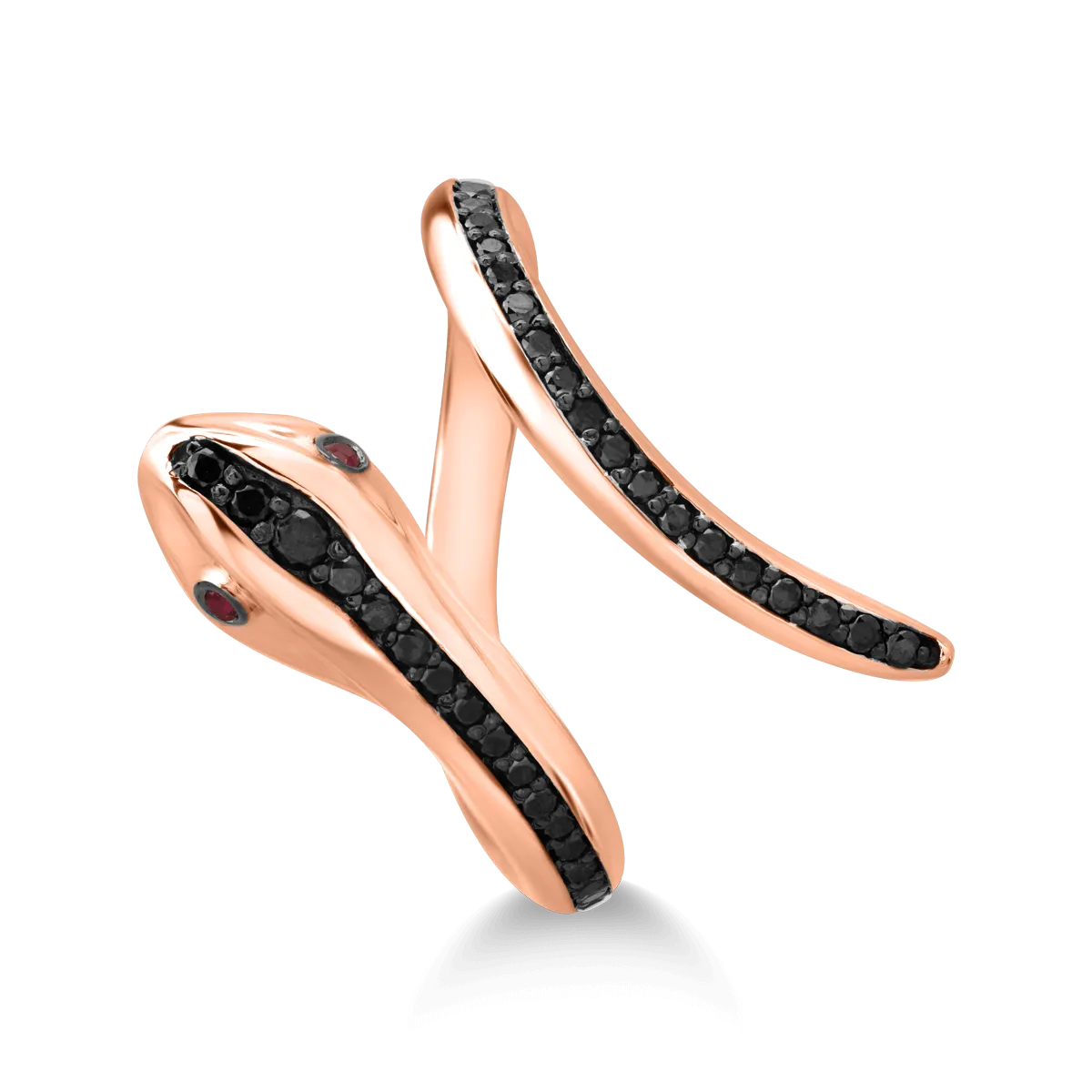 18K rose gold snake ring with black diamonds of 0.35ct and rubies of 0.04ct