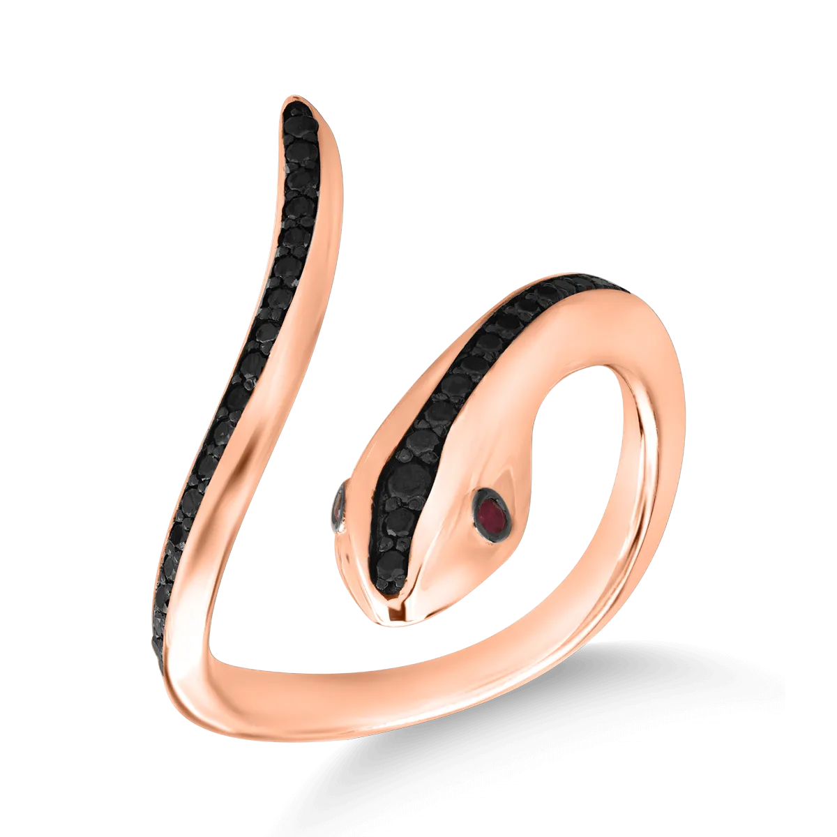 18K rose gold snake ring with black diamonds of 0.35ct and rubies of 0.04ct-116701