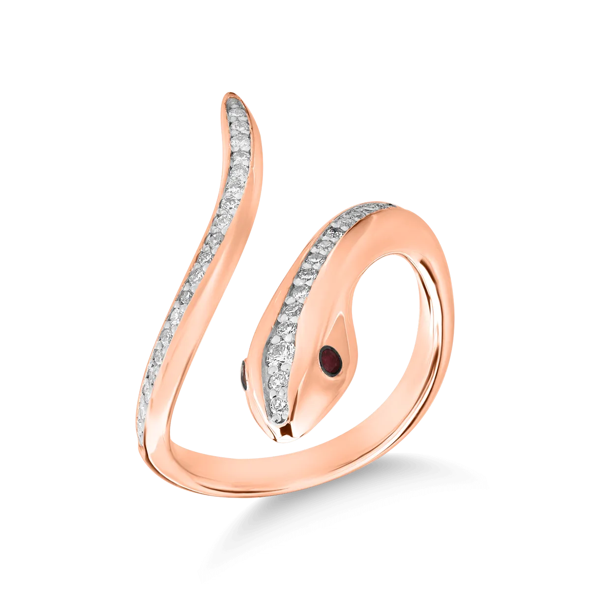 Змийски пръстен от розово злато 18K с диаманти от 0.33ct и рубини от 0.04ct