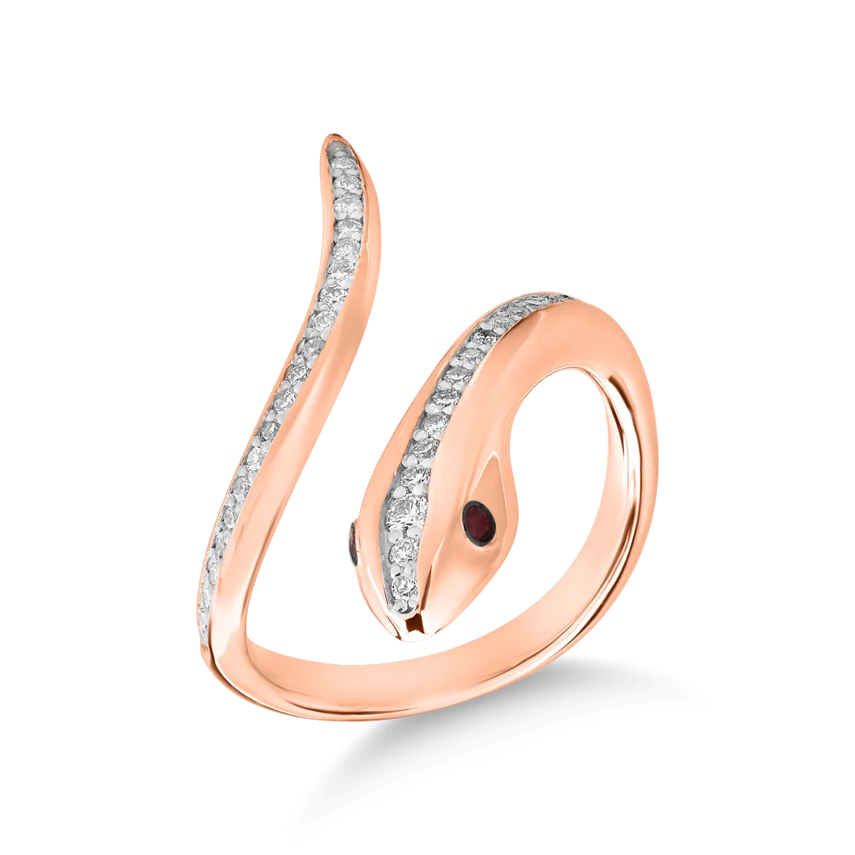 18K rose gold snake ring with diamonds of 0.33ct and rubies of 0.04ct