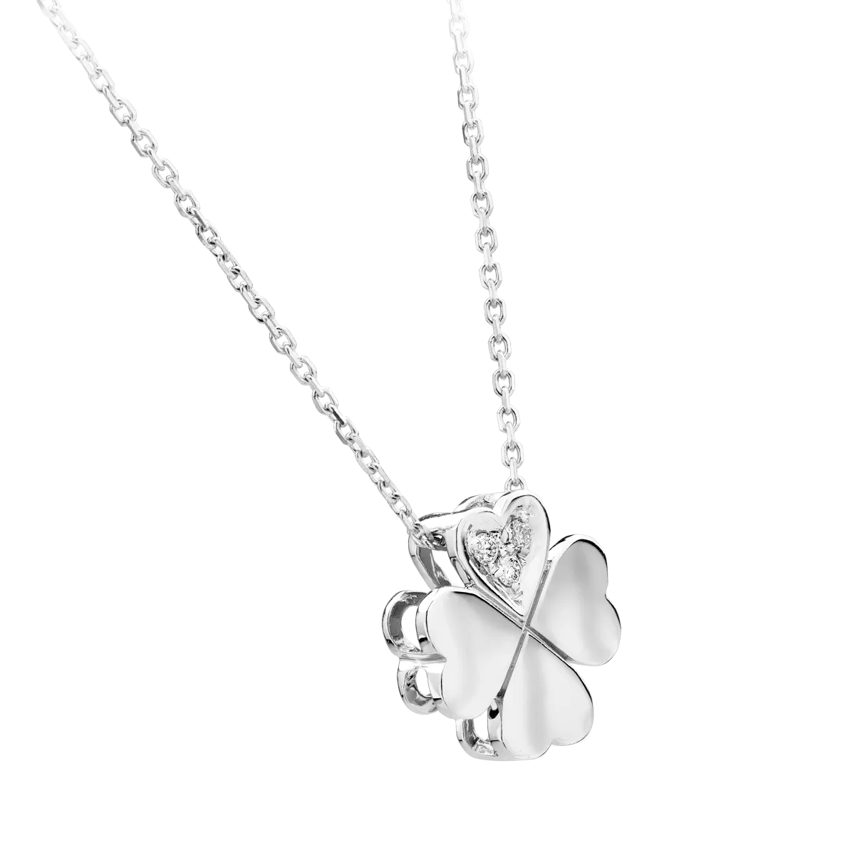 18K white gold three leaf clover pendant children chain with 0.022ct diamonds