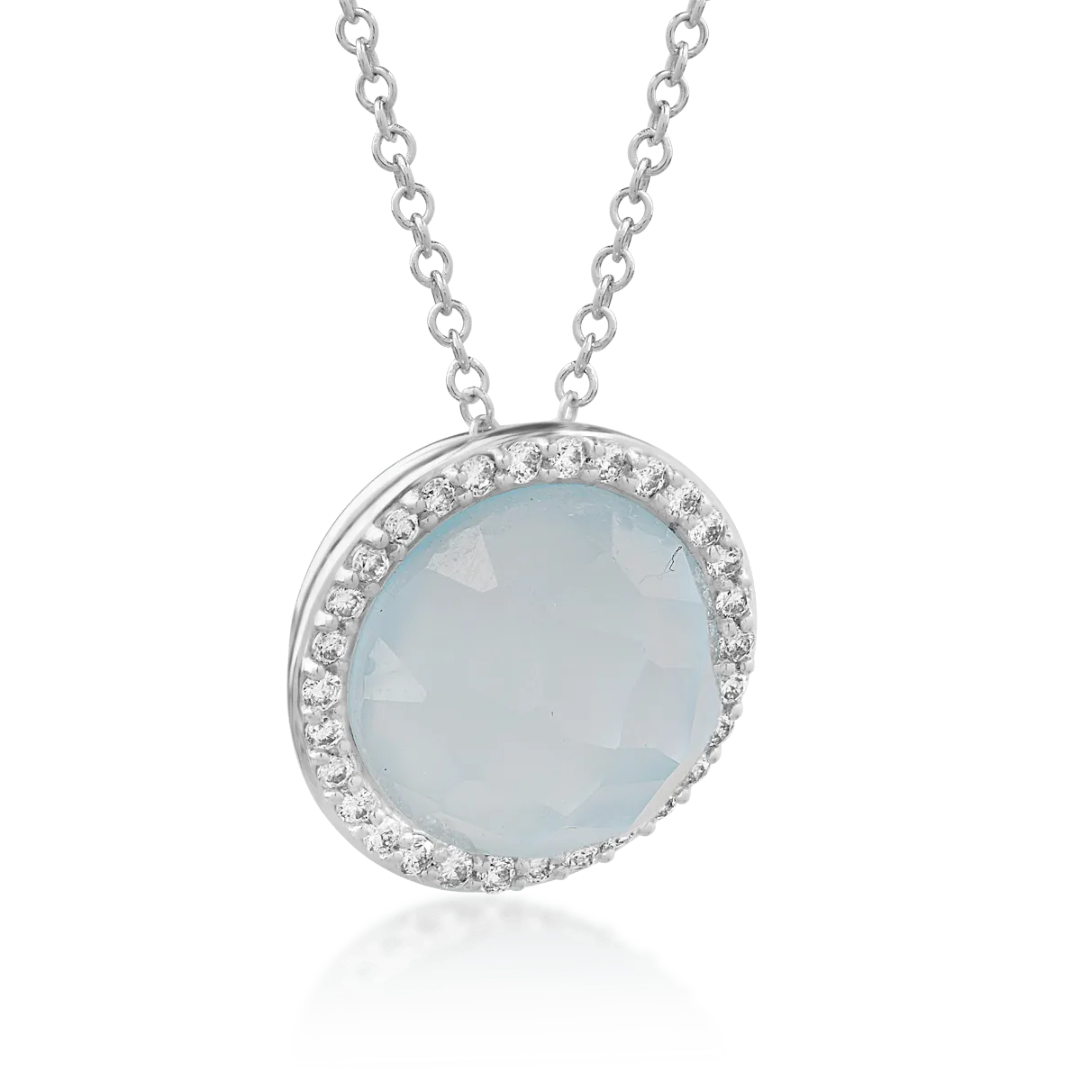 18K white gold pendant chain with 3.487ct light blue topaz and 0.11ct diamonds