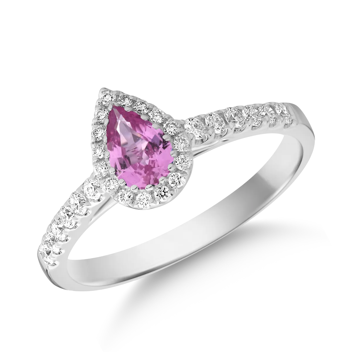 Inel din aur alb cu safir roz pear de 0.3ct si diamante de 0.2ct
