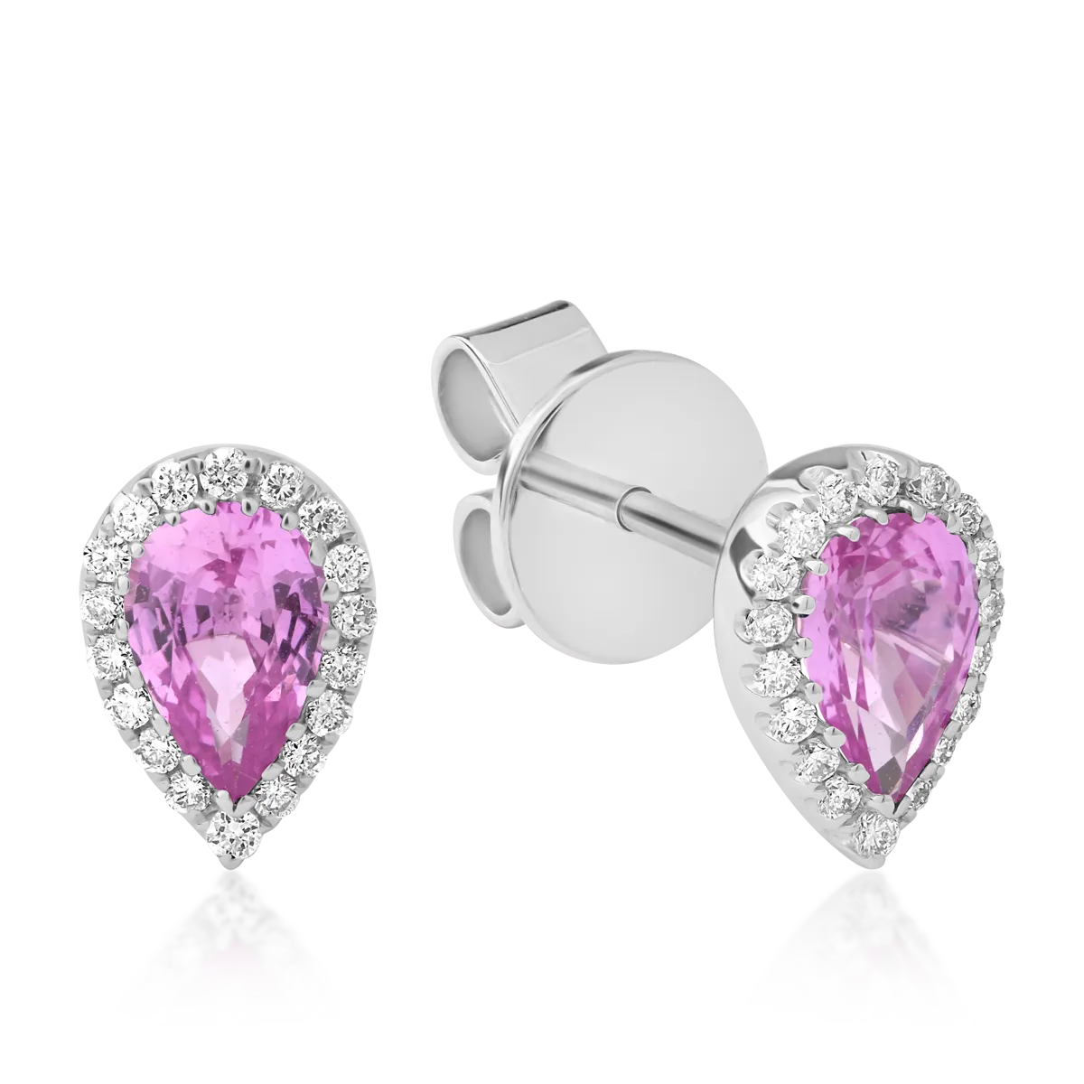 Cercei din aur alb cu safire roz pear de 0.84ct si diamante de 0.13ct