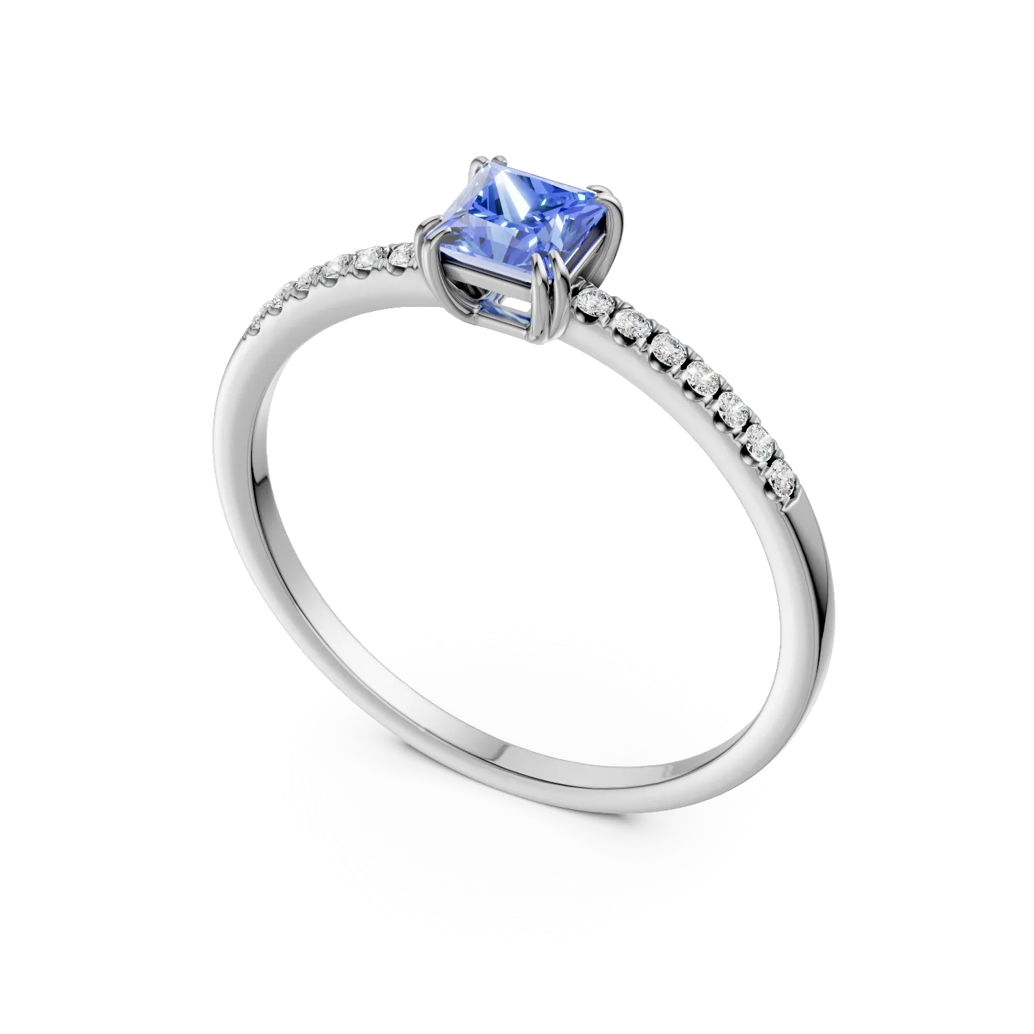 Inel de logodna din aur alb cu tanzanit princess de 0.38ct si diamante de 0.05ct