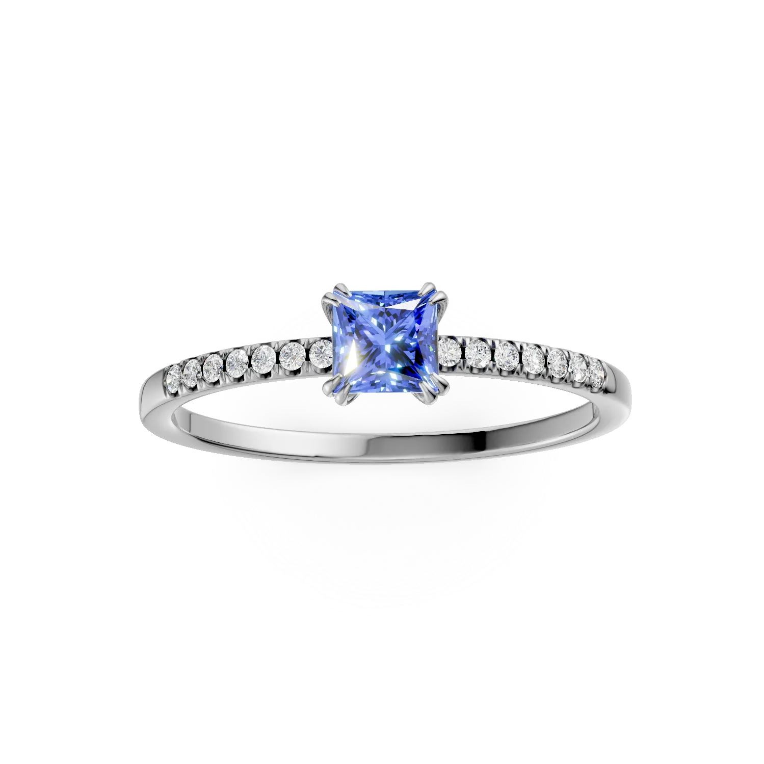 Inel de logodna din aur alb cu tanzanit princess de 0.38ct si diamante de 0.05ct